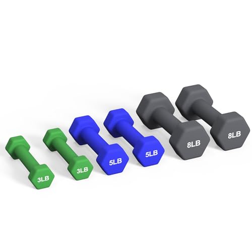 Portzon Weights Dumbbells Set 3, 5, 8, and 10 Pound Neoprene Dumbbell Free Hand Weight Set with Rack, Ideal for Home Exercises, 32 LB, Anti-Slip, Anti-roll, Hex Shape - color: Dark Green+Dark Blue+Black