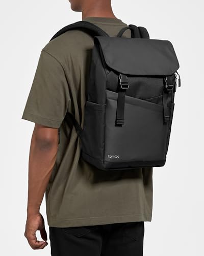 tomtoc Flap Laptop Backpack, Lightweight, Water-Resistant College Travel Casual Daypack, Slim Durable Work-pack Rucksack for 13-16 Inch MacBook Laptop, Large Capacity, 18L, Black