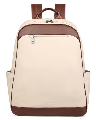 MASINTOR 15.6 inch Leather Laptop Backpack Purse for Women, Designer Travel and Work Bag with Laptop Compartment Beige Brown - color: Beige Brown