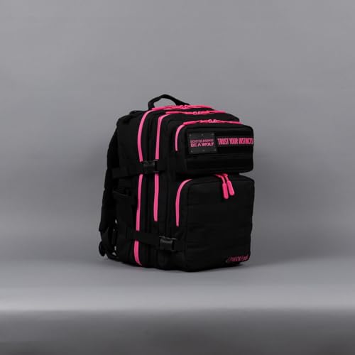 WOLFpak 25L Athletic Gym Backpack (Black Neon Pink) Durable 1000D Waterproof Oxford Material with MOLLE Webbing, Laptop Pocket & Dual Cup Holders - color: Pink Neon