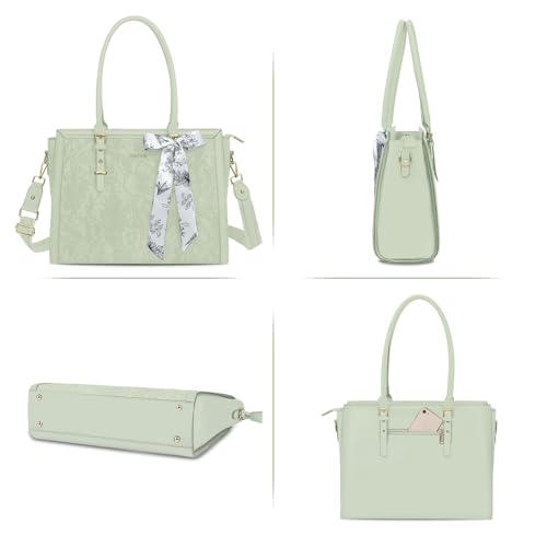 MOSISO Laptop Bag for Women, 17-17.3 inch PU Leather Tote Bag Compatible with MacBook, HP, Dell, Asus Notebook, Front Embossed Retro Hibiscus Computer Bags with Silk Scarf&Clutch Purse, Sage Green - color: Sage Green, size: 17.3 inch