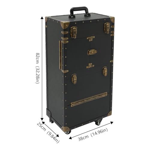Cosmetic Train Case,Rolling Makeup Train Case,Travel Stylist Case Lockable Hairdressing Trolley,Professional Makeup Case for Make-up Artists - color: Black+Gold