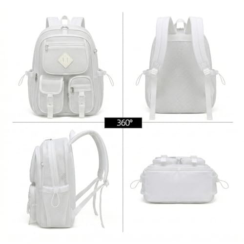 Mesh Backpack for Girls Boys, Women Mesh Bookbags Heavy Duty Semi-Transparent School Bag Net Back Pack for Travel, Beach, Swimming, Work - White - color: White