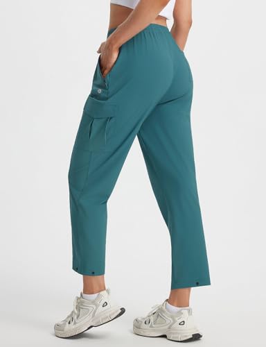 baleaf Women’s Petite Travel Hiking Pants Quick Dry Stretch Cargo Ankle Pants with Zipper Pockets - color: Dark Green, size: Small