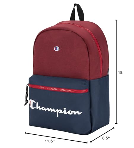 Champion Manuscript Backpack with Padded Adjustable Straps, Water Bottle Pocket for Work, Travel, Daily Use - color: Cranberry/Navy
