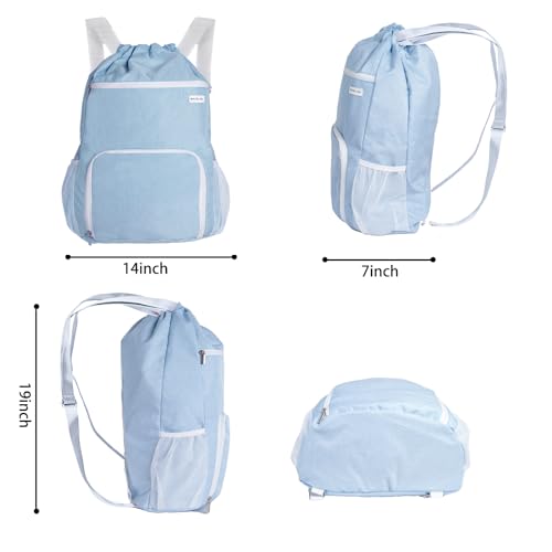 BAVELOE Drawstring Backpack with Wet Pocket & Shoe Compartment, Water-Resistant Sports Gym Swim String Bag for Women Men(Sky Blue)