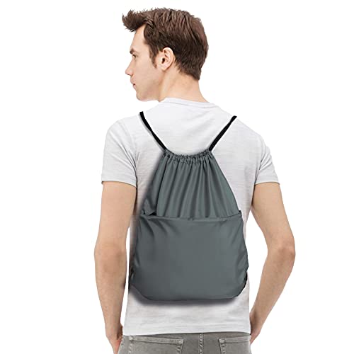 Drawstring Backpack Sports Water Resistant String Bag Sport Gym Sackpack for Women Men Large with Zipper, Grey - color: Grey