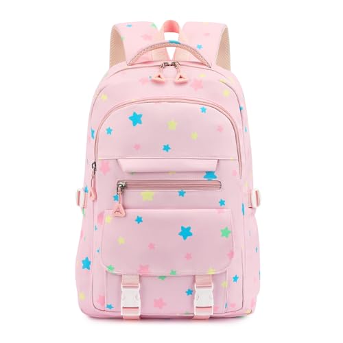 RRTGNEI Kids High Middle School Backpack for Girls 5-12 Kawaii Travel Star Bookbag,Pink Star - color: Pink Star