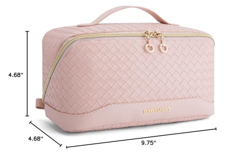 BAGSMART Makeup Bag, Travel Cosmetic Bag Organizer, PU Leather Water-Resistant Pouch, Open Flat Makeup Storage for Toiletries, Brushes, PU Leather Pink - color: 24-A-Pink