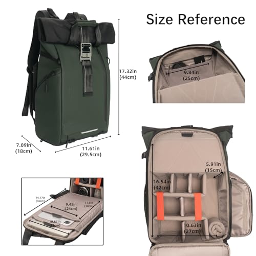 Besnfoto Camera Backpack, Waterproof Travel Camera Bag for Photographer Expandable Roll Top Photography Case for DSLR SLR Mirrorless Camera Fit up to 15.6 inch Laptop with Rain Cover - color: Green Ii