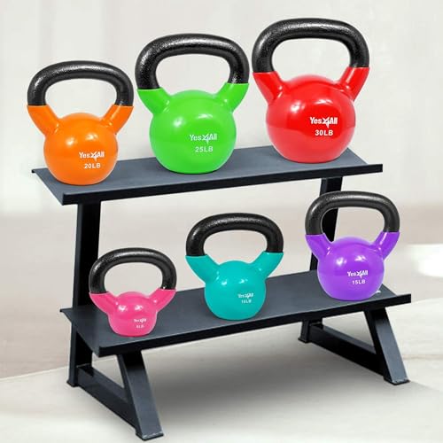 Yes4All Kettlebell, Vinyl Coated Kettlebell Cast Iron Sets with Stable Flat Bottom for Full Body Workout, Push up, Grip Strength Training & Weights Exercises - color: Multicolor, style: 5 - 30lb