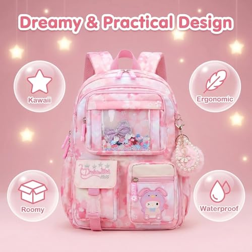 Lovely Kawaii Kids School Backpack For Girls – Splash-Proof Book Bag for Kids & Students, Multi-Pocket Children's School Bag, 17 Inch Pink - color: Pink