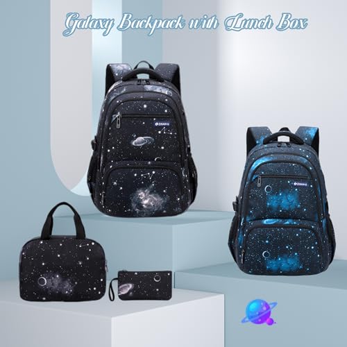 MITOWERMI Boys Backpacks for Primary Junior School Kids Backpack with Lunch Box Galaxy Space Bookbags for Boys Girls - color: #02 Galaxy-black Blue, style: 3 Pcs Set Backpack