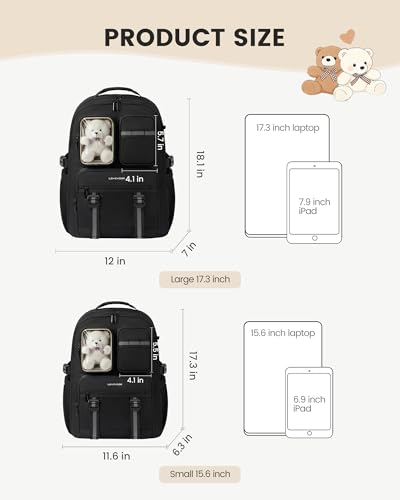 LOVEVOOK Cute School Backpack for Girls Ages 8-14, Bookbag with Plush Bear & Clear Display Pocket, Fits 15.6 Inch Laptop & 40oz Tumbler, Back to School Backpack for Elementary & Middle School - color: Black