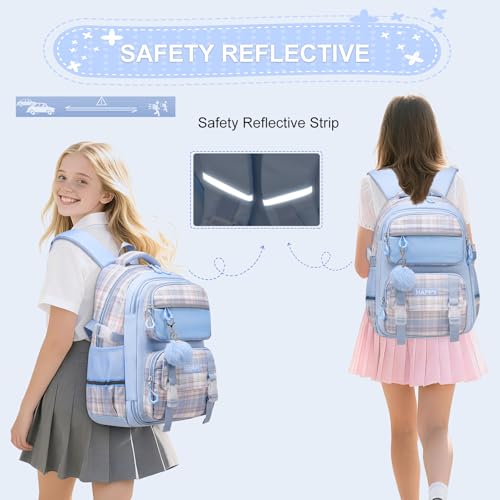 KEBEIXUAN Kids Backpack for Girls - Cute Plaid Bookbag for Elementary Student, Lightweight and Spacious School Bag (Blue) - color: Plaid Blue