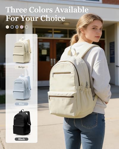 Lightweight School Backpack for Women Men, Multi Pocket Backpack for College Students, Waterproof Middle School Bags, Simple Bookbag for Teens Girls Boys, Beige - color: Beige