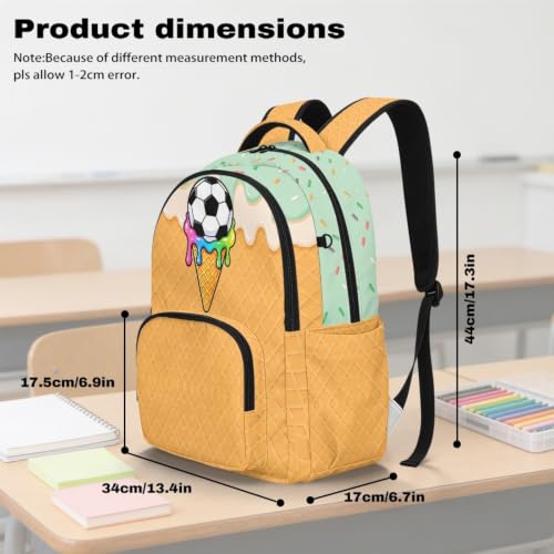Suobstales Soccer Ice Cream Drip Print 17 Inch Kids Backpack Lightweight Backpack Schoolbag for Boys Girls, Large Capacity Bookbag Daypack with Adjustable Padded Straps for Middle High School College - color: Soccer Ice Cream Drip