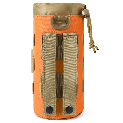 FRTKK Tactical MOLLE Water Bottle Pouch with Drawstring Open Top & Mesh Bottom, Military Water Bottle Holder Bag Sports Travel Hydration Carrier - color: Orange-2Pack