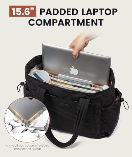 LOVEVOOK Tote Bag for Women, puffer tote bag for Work Travel Nurse, Lightweight quilted Bags with Compartments - color: M-15.6 Inch-black