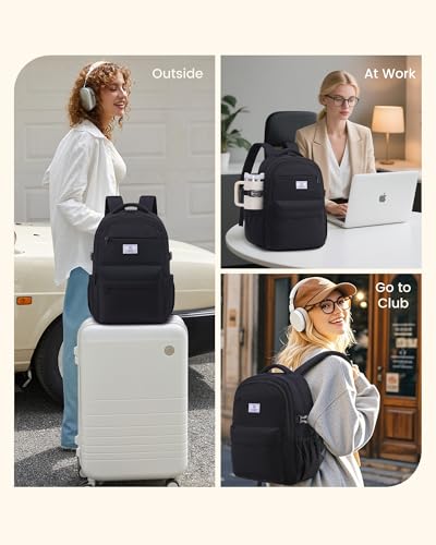 LOVEVOOK Laptop Backpack for Women Teens,College School Backpack with Tumbler Holder,15.6" Computer Bag,14 Pockets,Waterproof - color: Solid Black, size: 15.6inch