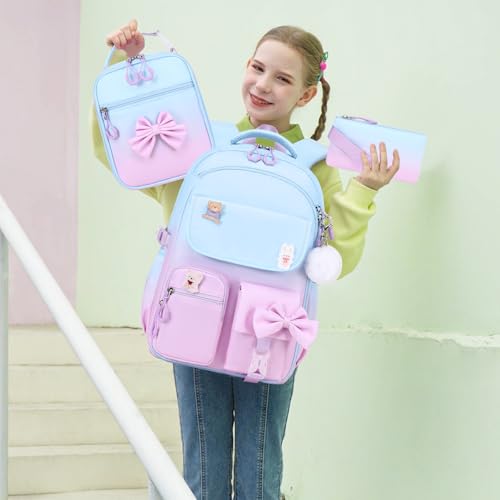 ACESAK Girls Backpack - 3PCS Backpack for Girls Cute School Backpacks for Girl Kindergarten Elementary Preschool Middle Kids School Bags with Lunch Box Pencil Case Set (Blue Purple) - color: Blue Purple