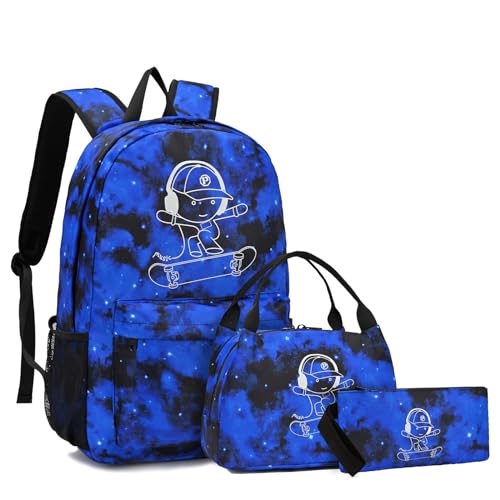 Kids Backpack School Backpack for Boys, Elementary Primary Middle School Bags With Lunch Bag & Pencil Case, Lightweight Laptop Backpack College Bookbag Travel Dayback, Blue - style: Skateboard-blue1