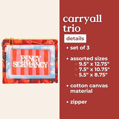 ban.do Travel Bags Carryall Trio, Cotton Bag Set, Zipper Pouch Set, 3 Zip Pouches for Pencils, Toiletries, or Accessories (Fancy Shmancy)