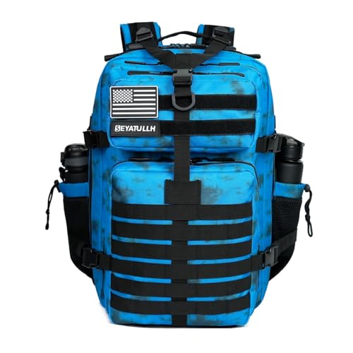 45L Military Tactical Backpack for Men & Women Bug Out Bag Assault pack Molle Daypack Hiking Trekking Rucksack (2.0 side pockets (blue tie dye)) - color: 2.0 Side Pockets (blue Tie Dye)