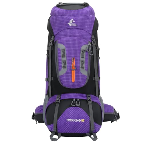 Bseash 80L Waterproof Hiking Camping Backpack with Rain Cover, Lightweight Outdoor Sport Travel Daypack for Climbing Touring (Purple) - color: Purple
