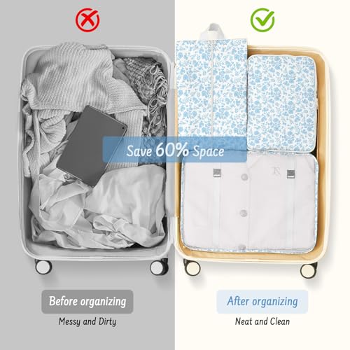 9 Set Packing Cubes for Travel Essentials - Lightweight Carry-On Luggage Organizer Bags with Shoe, Clothes & Laundry Bags for Airplane, Family & Business Travel, Blue flowers - color: Blue flowers