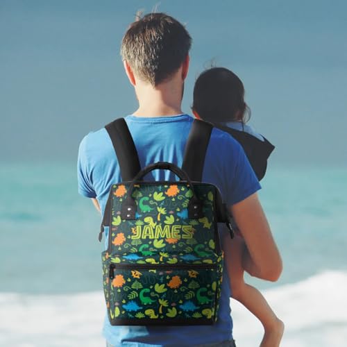 Customized Diaper-Backpack for Baby-Boys Nappy-Backpack with Baby Name 11x7x15.7 inches Dark Green Dinosaur Mommy-Bag - color: Dark Green