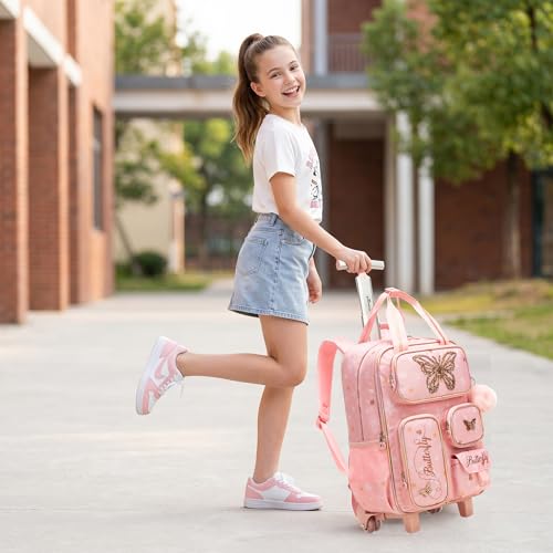 Kids Rolling Backpack with Wheels for Girls Roller Travel Luggage Kids Carry on School Backpack for Girls Ages 6-8 - color: Pink 03