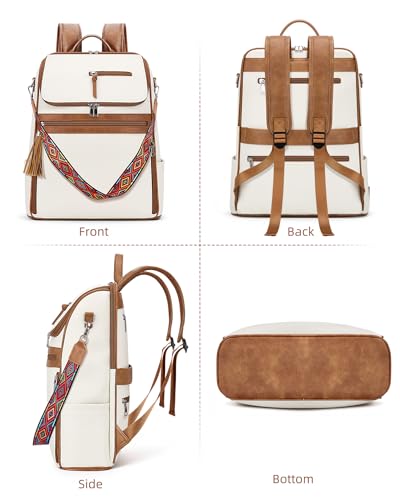SYTRAH Leather Laptop Backpack for Women Designer Laptop Bag, 16.5 inch Travel Computer Backpacks Purse with Tassel for Work Business with Satchel Purse Beige Brown - color: Beige Brown