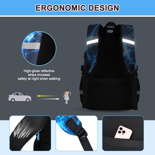 Scothen 3PCS Boys Backpack Set, Cool Backpack for Boys with Lunch Bag & Pencil Case, Kids School Bag Teen Boy Bookbag for Kindergarten Elementary Middle School with USB Charging Port - color: Futuristic Blue Lightning