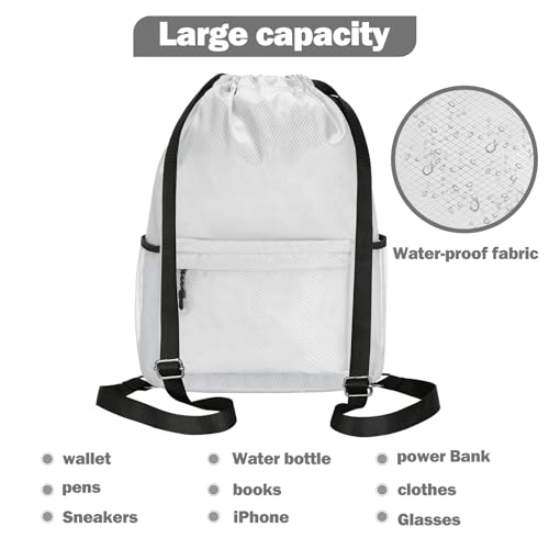 Waterproof Drawstring Bag, Lightweight String Backpack with Water Bottle Holder and Pockets, Gym Sports Cinch Sackpack (Grey) - color: Grey