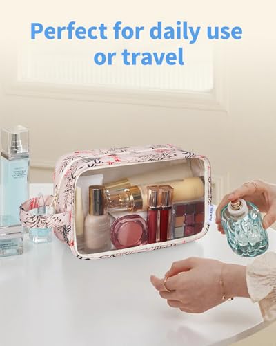 Narwey Clear Toiletry Bags for Traveling Women Men, Clear Travel Bags for Toiletries Makeup Bag Cosmetic Bag with Zipper, Make Up Organizer, Skincare Bag (Beige Flamingo) - color: Beige Flamingo