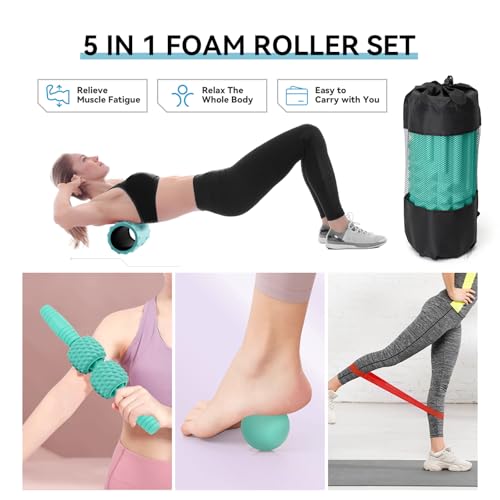 5 in 1 Foam Roller Set, High Density Fitness Exercise Foam Roller for Deep Tissue Muscle Massage, Massage Roller, Massage Ball, Resistance Band, for Whole Body(Tiffany Green) - color: Tiffany Green