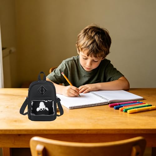 Large Capacity Kids Backpack Pencil Case Pen Bag with Clear Pocket, Cute Kawaii Pen Pouch Organizer with Adjustable Strap & Plush Doll Keychain for School Girls Boys (Black) - color: Black