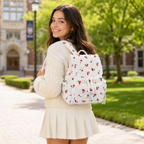 Quilted Mini Backpack For Women,Small Cute Cotton Floral Backpack Purse, Drawstring Daypack For Travel Daily Use(Cherry, M) - color: Cherry