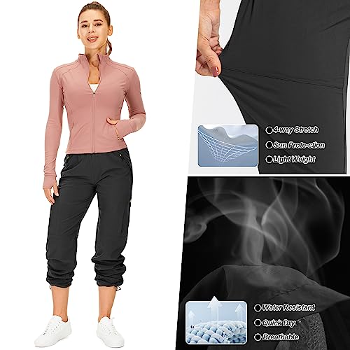 Womens Hiking Pants Quick Dry UPF 50 Lightweight Travel Golf Cargo Safari Pants Zipper Pockets - color: Black, size: X-Large