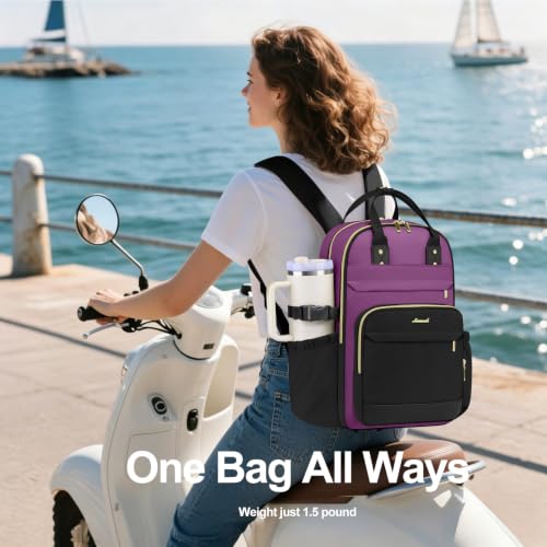 Laptop Backpack Women Work Bag: 15'' Travel BookBag with Large Cup Holder - color: Black Purple, size: 15.6 Inch