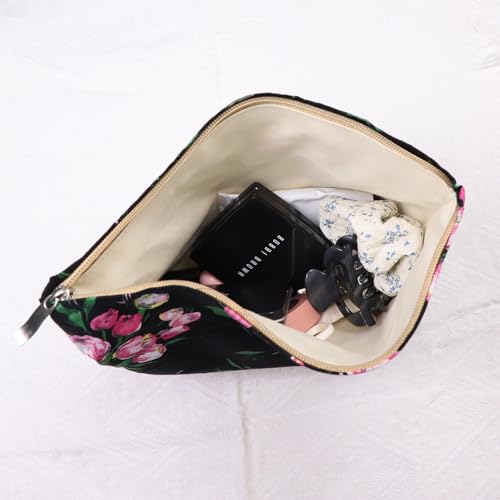Wudygirl Makeup Bag Aesthetic Makeup Pouch Toiletry Bag Canvas Cosmetic Bag for Women and Girls Large Capacity Travel Makeup Bag Cute Pencil Pouch with Zipper (Black and Red Floral) - color: Black Floral