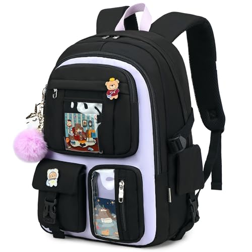 Backpack for Girls with Accessories Laptop Bookbags 16 Inch Kawaii Kids Elementary Middle High School Bag College Travel Daypack Gifts for Teens Women Students (Black Purple) - color: Black Purple