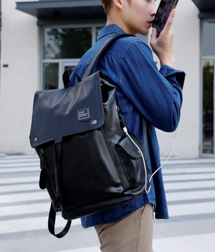 Soft leather backpack, casual PU backpack men women. USB charging port. Suitable for work, commuting, traveling, etc. Waterproof. (Black) - color: Black