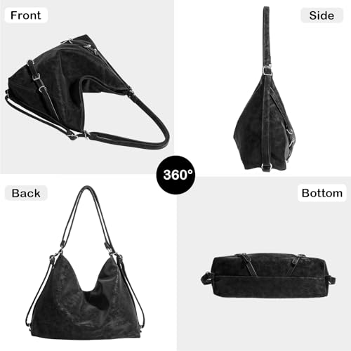 3-Way Convertible Hobo Bag for Women, Soft Shoulder Backpack, Casual Daily Tote Purse with Adjustable Strap - color: Black