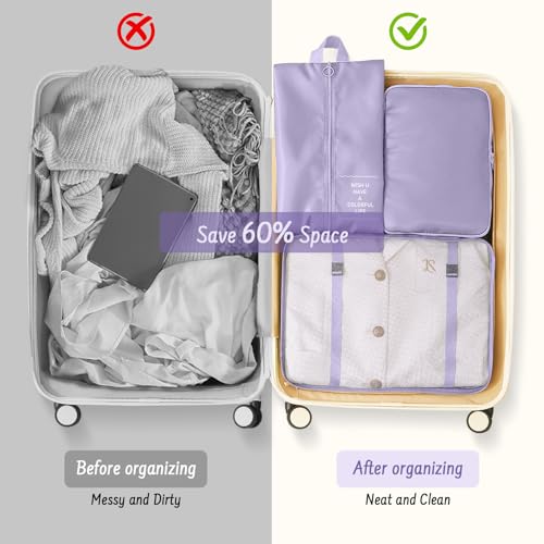 9 Set Packing Cubes for Travel Essentials - Lightweight Carry-On Luggage Organizer Bags with Shoe, Clothes & Laundry Bags for Airplane, Family & Business Travel, Purple - color: Purple