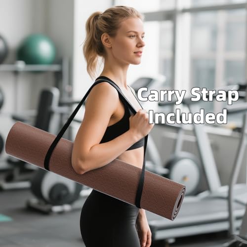 ILILI Yoga Mat, TPE Exercise Mat, Tear-Resistant, Fitness Yoga Mat with Carrying Strap, 72''x25''×0.3''(8mm), Ideal for Yoga, Pilates, Home Workouts, Stretching & All Fitness Routines - color: brown