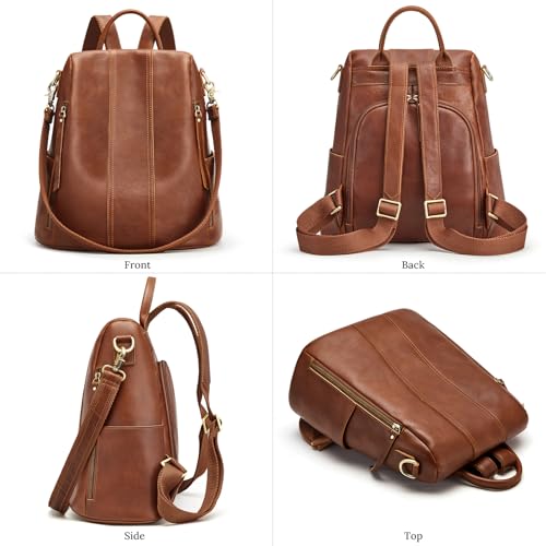 S-ZONE Leather Backpack Purses for Women Antitheft Rucksack Shoulder Bag Medium - color: 4-cognac