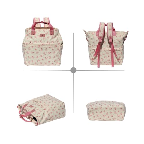 Diaper Backpack Totepack Crossbody 3 in 1 Laptop Tote with Insulated Pocket - color: White Pink Flower