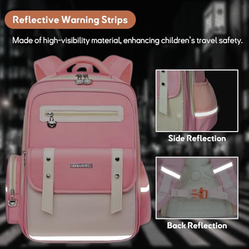 Kids Backpack for Kids, Lightweight Waterproof Pink White Backpack for School, Kindergarten Elementary School Students Boys & Girls Backpack with Safety Whistle and Includes a Detachable Waist Belt - color: Pink